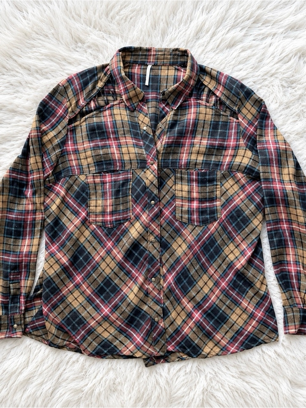 Free People Plaid Western Snap Shirt L Cutout Ladder Stitch Boho Oversized